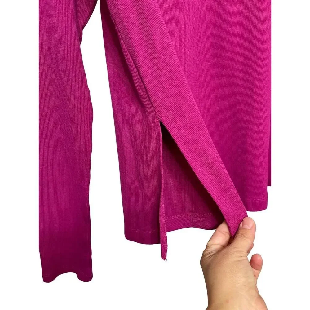 Free People Daniella Ribbed Embroidered Mesh Shoulder Long Sleeve Top in Berry S